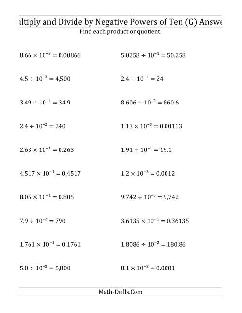 The Multiplying and Dividing Decimals by Negative Powers of Ten (Exponent Form) (G) Math Worksheet Page 2