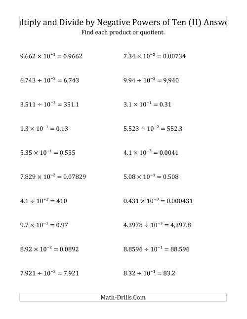 The Multiplying and Dividing Decimals by Negative Powers of Ten (Exponent Form) (H) Math Worksheet Page 2