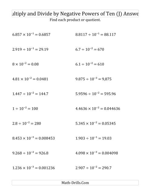 The Multiplying and Dividing Decimals by Negative Powers of Ten (Exponent Form) (J) Math Worksheet Page 2