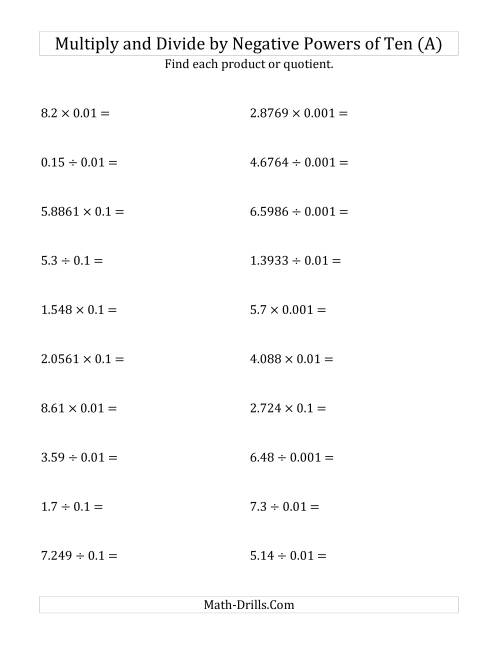 The Multiplying and Dividing Decimals by Negative Powers of Ten (Standard Form) (A) Math Worksheet