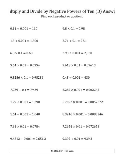 The Multiplying and Dividing Decimals by Negative Powers of Ten (Standard Form) (B) Math Worksheet Page 2