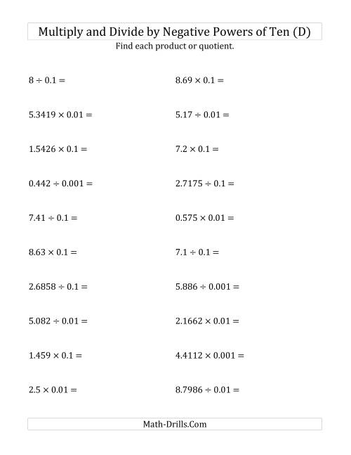 The Multiplying and Dividing Decimals by Negative Powers of Ten (Standard Form) (D) Math Worksheet