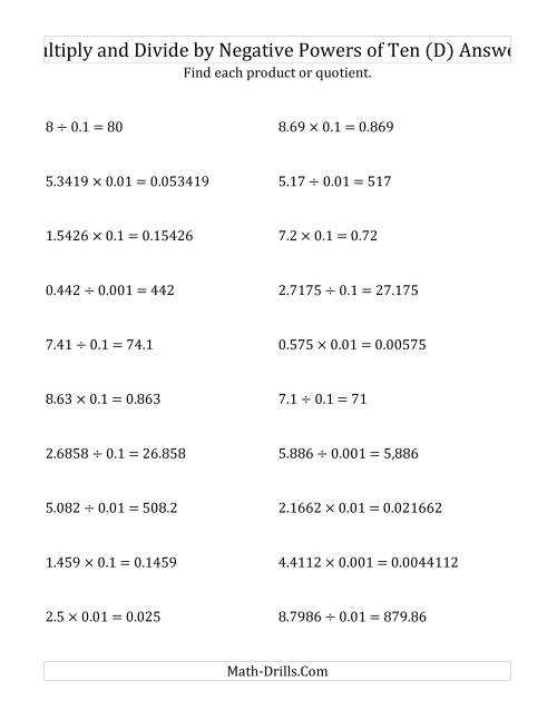 The Multiplying and Dividing Decimals by Negative Powers of Ten (Standard Form) (D) Math Worksheet Page 2