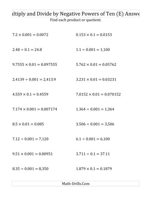 The Multiplying and Dividing Decimals by Negative Powers of Ten (Standard Form) (E) Math Worksheet Page 2
