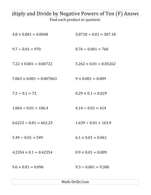 The Multiplying and Dividing Decimals by Negative Powers of Ten (Standard Form) (F) Math Worksheet Page 2