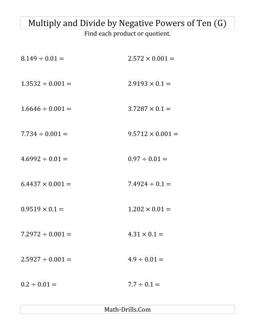 The Multiplying and Dividing Decimals by Negative Powers of Ten (Standard Form) (G) Math Worksheet