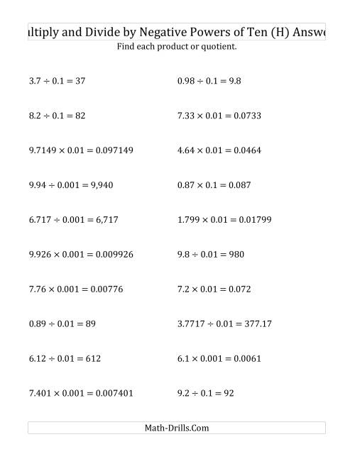 The Multiplying and Dividing Decimals by Negative Powers of Ten (Standard Form) (H) Math Worksheet Page 2