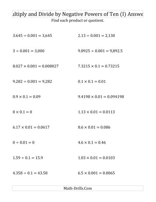 The Multiplying and Dividing Decimals by Negative Powers of Ten (Standard Form) (I) Math Worksheet Page 2