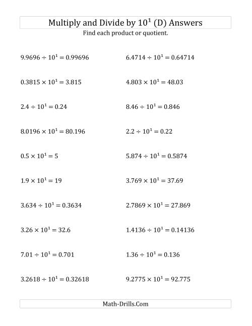 The Multiplying and Dividing Decimals by 10<sup>1</sup> (D) Math Worksheet Page 2