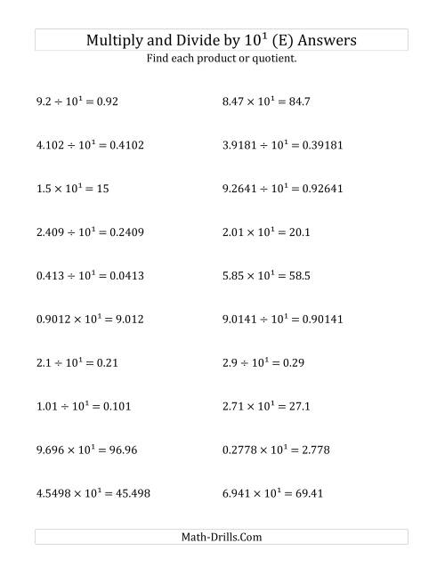 The Multiplying and Dividing Decimals by 10<sup>1</sup> (E) Math Worksheet Page 2