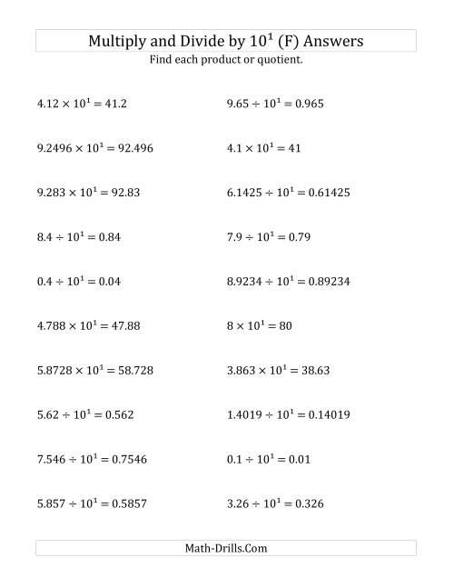 The Multiplying and Dividing Decimals by 10<sup>1</sup> (F) Math Worksheet Page 2