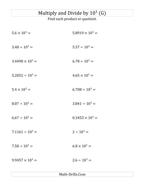 The Multiplying and Dividing Decimals by 10<sup>1</sup> (G) Math Worksheet