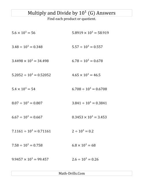 The Multiplying and Dividing Decimals by 10<sup>1</sup> (G) Math Worksheet Page 2