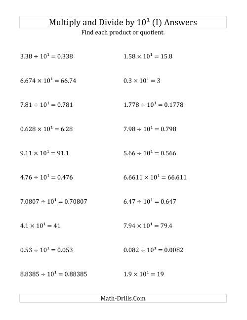 The Multiplying and Dividing Decimals by 10<sup>1</sup> (I) Math Worksheet Page 2