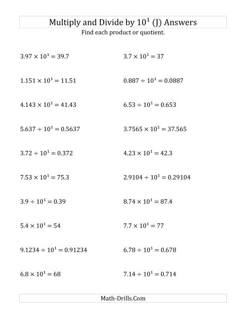 The Multiplying and Dividing Decimals by 10<sup>1</sup> (J) Math Worksheet Page 2