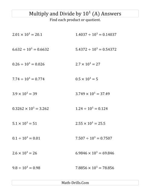 The Multiplying and Dividing Decimals by 10<sup>1</sup> (All) Math Worksheet Page 2