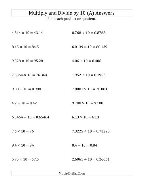 The Multiplying and Dividing Decimals by 10 (A) Math Worksheet Page 2