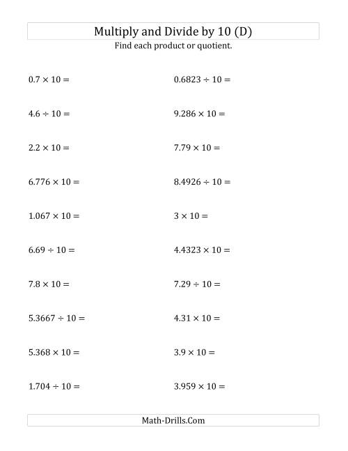 The Multiplying and Dividing Decimals by 10 (D) Math Worksheet