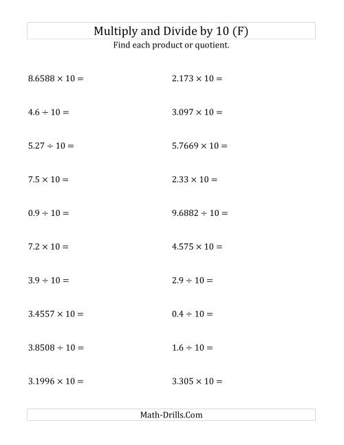 The Multiplying and Dividing Decimals by 10 (F) Math Worksheet