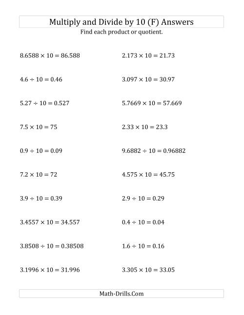 The Multiplying and Dividing Decimals by 10 (F) Math Worksheet Page 2