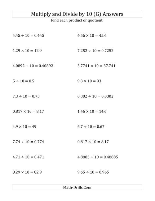 The Multiplying and Dividing Decimals by 10 (G) Math Worksheet Page 2