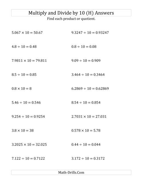 The Multiplying and Dividing Decimals by 10 (H) Math Worksheet Page 2