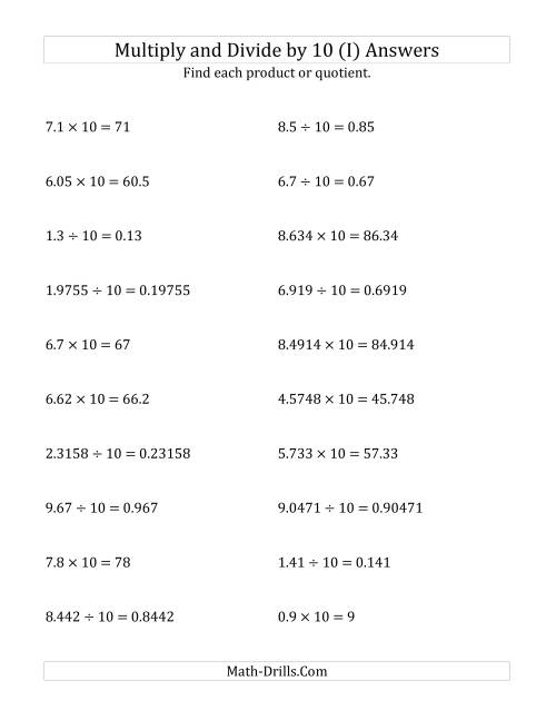 The Multiplying and Dividing Decimals by 10 (I) Math Worksheet Page 2