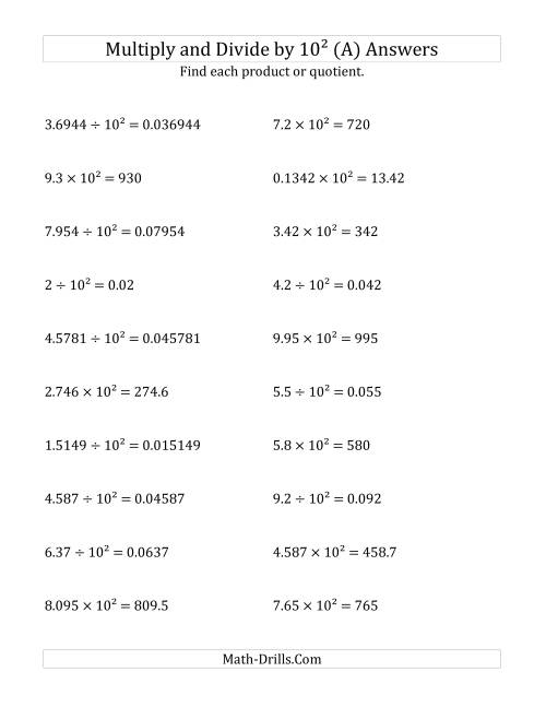 The Multiplying and Dividing Decimals by 10<sup>2</sup> (A) Math Worksheet Page 2