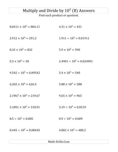 The Multiplying and Dividing Decimals by 10<sup>2</sup> (B) Math Worksheet Page 2