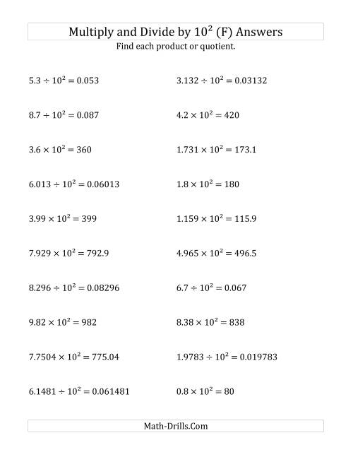 The Multiplying and Dividing Decimals by 10<sup>2</sup> (F) Math Worksheet Page 2