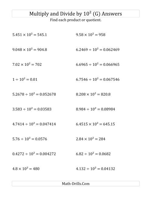 The Multiplying and Dividing Decimals by 10<sup>2</sup> (G) Math Worksheet Page 2
