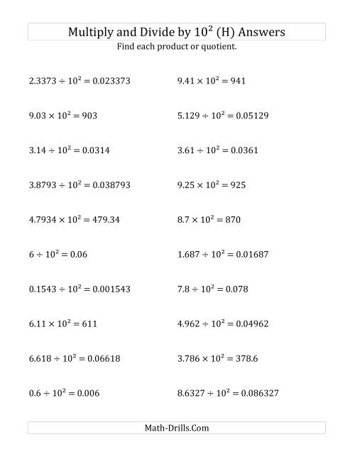The Multiplying and Dividing Decimals by 10<sup>2</sup> (H) Math Worksheet Page 2