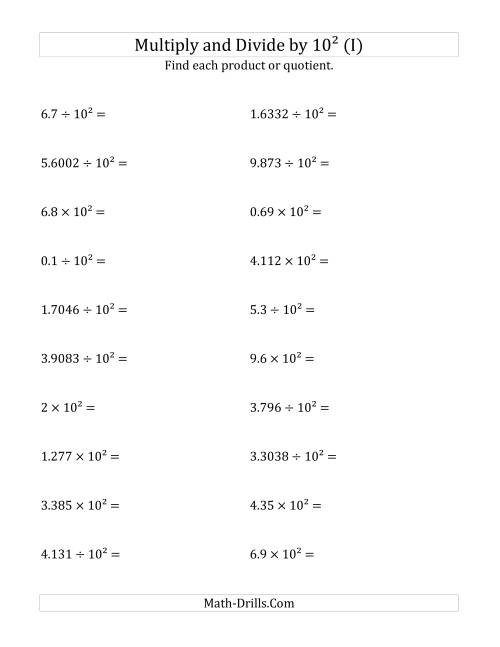 The Multiplying and Dividing Decimals by 10<sup>2</sup> (I) Math Worksheet