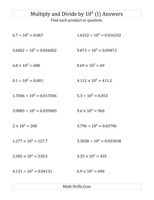 The Multiplying and Dividing Decimals by 10<sup>2</sup> (I) Math Worksheet Page 2