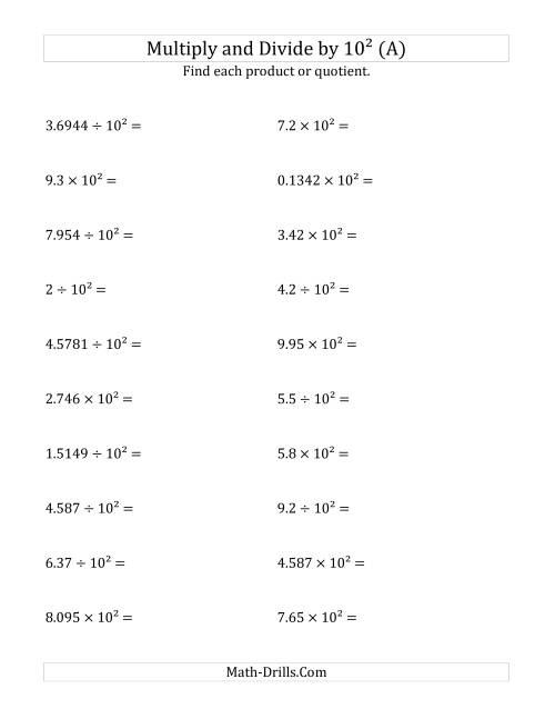 The Multiplying and Dividing Decimals by 10<sup>2</sup> (All) Math Worksheet
