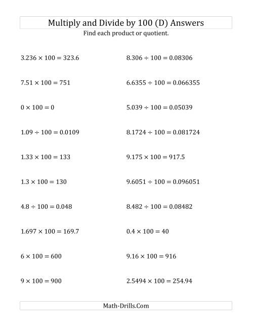 The Multiplying and Dividing Decimals by 100 (D) Math Worksheet Page 2