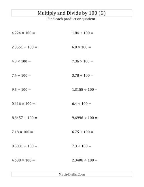 The Multiplying and Dividing Decimals by 100 (G) Math Worksheet
