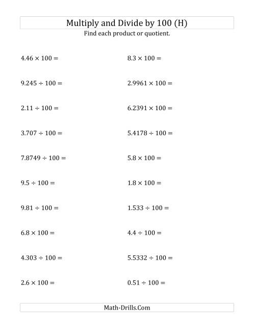 The Multiplying and Dividing Decimals by 100 (H) Math Worksheet