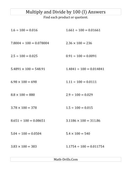 The Multiplying and Dividing Decimals by 100 (I) Math Worksheet Page 2