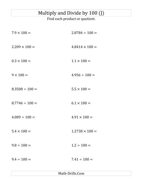 The Multiplying and Dividing Decimals by 100 (J) Math Worksheet