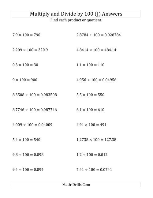The Multiplying and Dividing Decimals by 100 (J) Math Worksheet Page 2