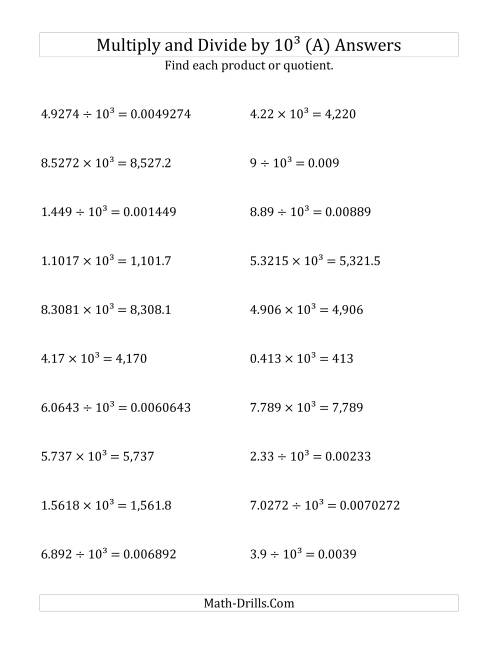 The Multiplying and Dividing Decimals by 10<sup>3</sup> (A) Math Worksheet Page 2