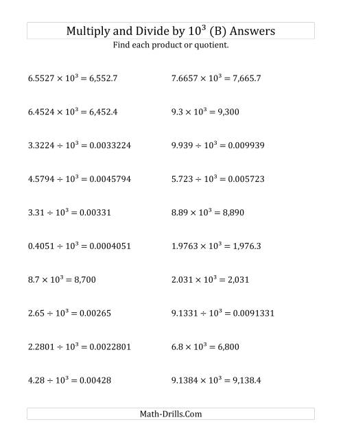 The Multiplying and Dividing Decimals by 10<sup>3</sup> (B) Math Worksheet Page 2