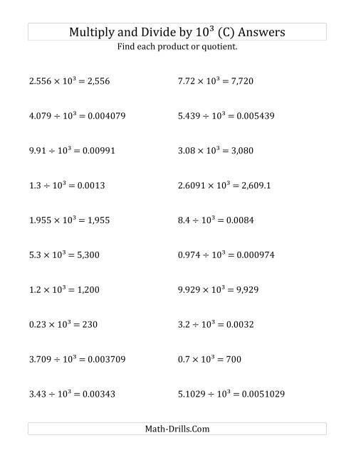 The Multiplying and Dividing Decimals by 10<sup>3</sup> (C) Math Worksheet Page 2