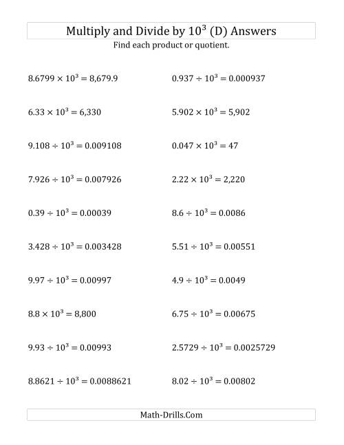 The Multiplying and Dividing Decimals by 10<sup>3</sup> (D) Math Worksheet Page 2