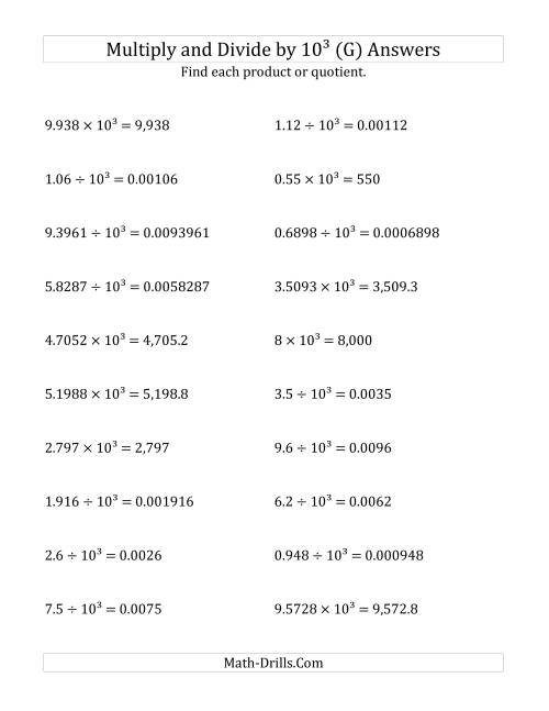 The Multiplying and Dividing Decimals by 10<sup>3</sup> (G) Math Worksheet Page 2