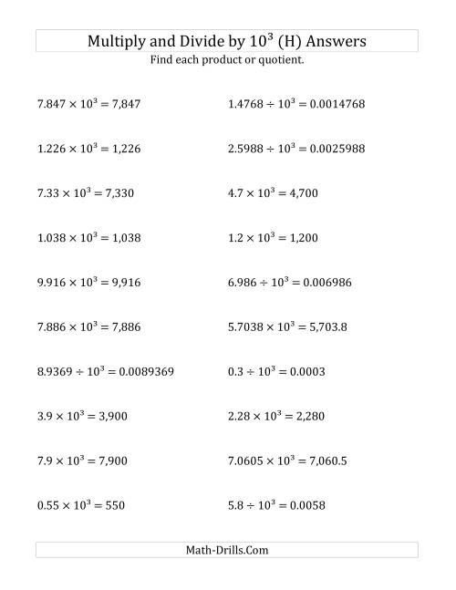 The Multiplying and Dividing Decimals by 10<sup>3</sup> (H) Math Worksheet Page 2