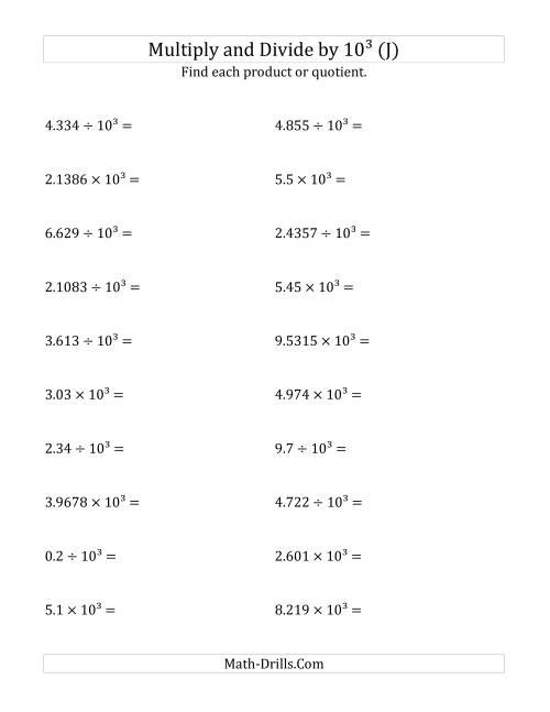 The Multiplying and Dividing Decimals by 10<sup>3</sup> (J) Math Worksheet
