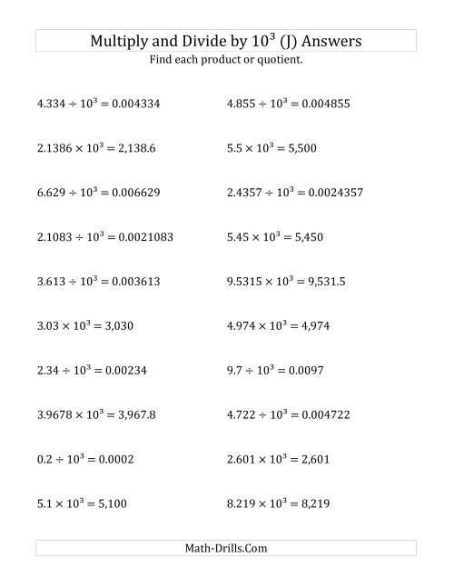 The Multiplying and Dividing Decimals by 10<sup>3</sup> (J) Math Worksheet Page 2