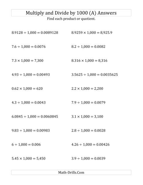 The Multiplying and Dividing Decimals by 1,000 (A) Math Worksheet Page 2